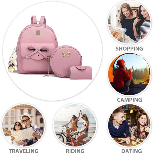 Women Mini Backpack Purse Leather 3PC Set Small Day Travel Casual Fashion - Picture 7 of 7